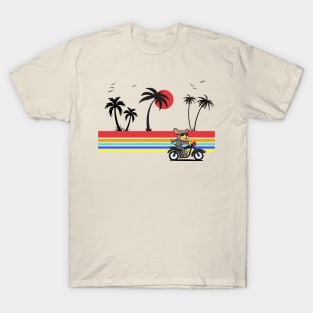 Dog riding a motorcycle along the beach with palm trees and a sunset T-Shirt